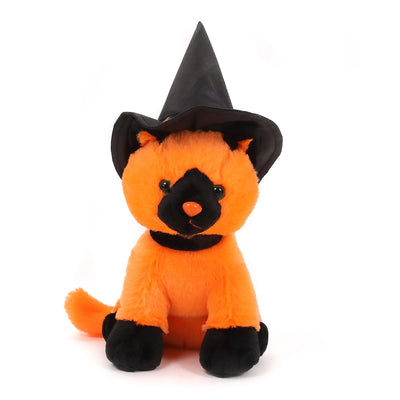 Halloween Witch Cat Plush 7" in a front-facing pose wearing a black witch hat