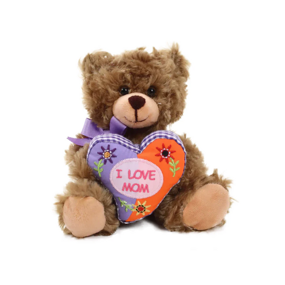 "I Love Mom Teddy Bear with Floral Teddy Bear Heart – 6 Inch Plush by Plushland"