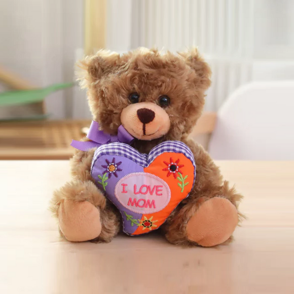 "I Love Mom Teddy Bear with Floral Teddy Bear Heart – 6 Inch Plush by Plushland"