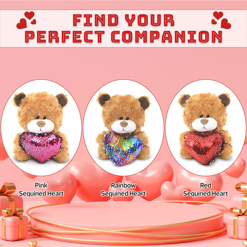 6" Sitting Brown Bear with Sequin Heart, Find the Perfect Companion, Featuring Soft and a Sparkling Heart by Plushland.