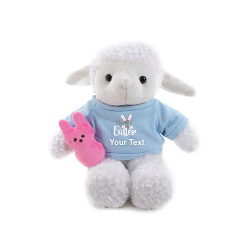 12" Sitting Sheep with Custom 1st Easter Baby Blue Shirt, Featuring Soft and an Adorable Outfit by Plushland.






