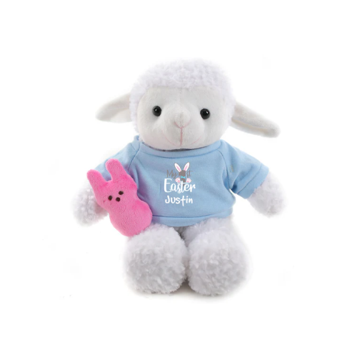 12" Sitting Blue Sheep with 1st Easter Shirt, Featuring Soft and a Cute Outfit by Plushland.