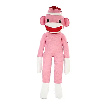 Life-size 6ft sock monkey plush toy sitting upright, large soft stuffed animal with brown knit texture and red hat