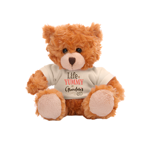 6" Sitting Mocha Bear with 'Life is Yummy' Tee, Featuring Soft Fur and a Cute Shirt by Plushland.