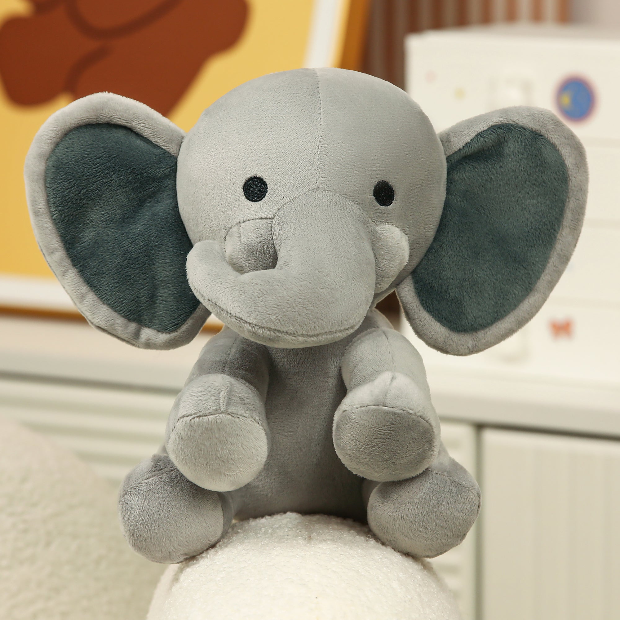 9" Soft Plush Gray Elephant, Featuring Adorable Details and Sitting on a Cute Base by Plushland.