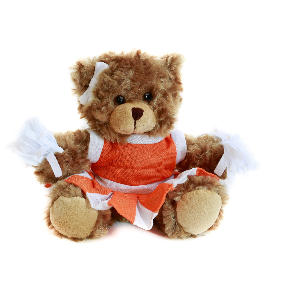 6" Sitting Cheer Bear in Orange Custom Outfit, Featuring Soft Fur and a Unique Design by Plushland.