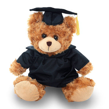 Teddy bear in a graduation gown and cap on a white background