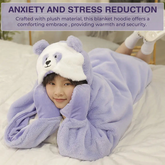 Person wearing a weighted panda purple blanket hoodie with a panda design, lying on a bed.