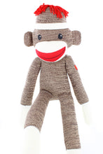 40-inch brown Sock Monkey sitting with one leg up, huggable vintage toy with soft plush fabric by Plushland