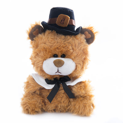 Thanksgiving Brown Bear Plush in a front-facing view wearing a pilgrim hat