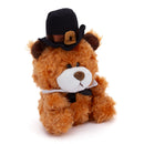 Thanksgiving Brown Bear Stuffed Animal shown from the left-side angle wearing a pilgrim hat