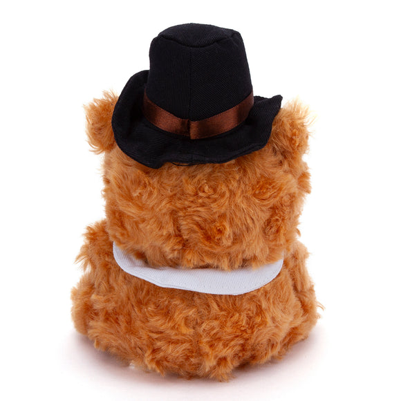 Thanksgiving Brown Stuffed Bear in a back view wearing a pilgrim hat