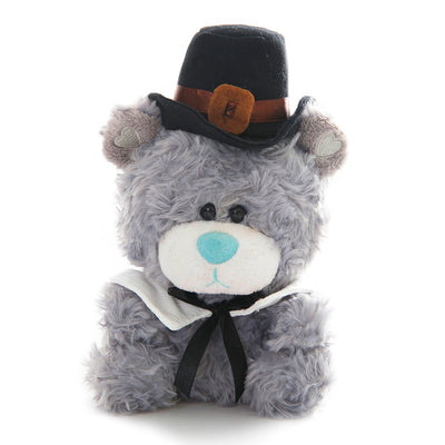 Thanksgiving Gray Bear Plush in a front-facing view wearing a pilgrim hat