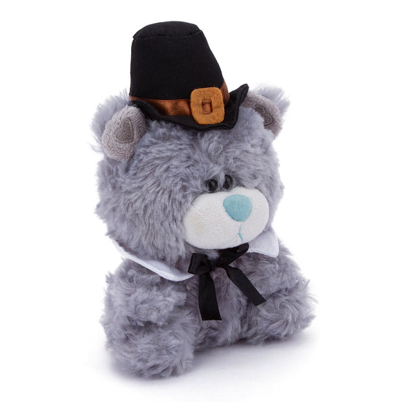 Thanksgiving Gray Bear Stuffed Animal shown from the left-side angle wearing a pilgrim hat