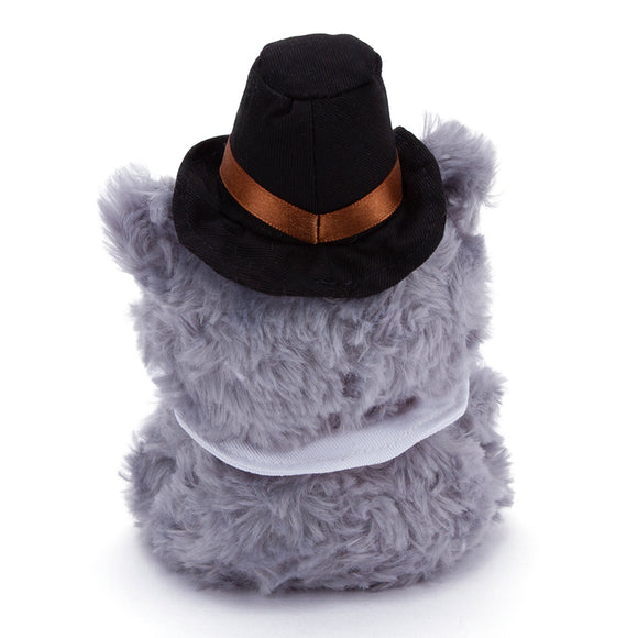 Thanksgiving Gray Stuffed Bear in a back view wearing a pilgrim hat