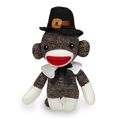 Thanksgiving Sock Monkey Plush in a front-facing view wearing a pilgrim hat