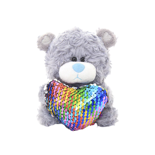 6" Sitting Grey Bear with Rainbow Heart, Featuring Soft Fur and a Colorful Heart Design by Plushland.