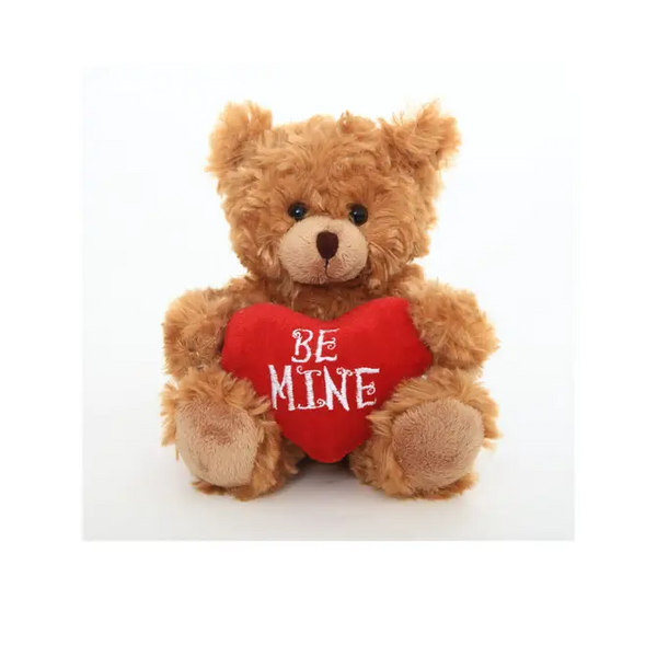 9" Sitting Valentine Mocha Bear, Soft Fur, Holding a Heart with 'Be Mine' Inscription, Perfect for Gifts by Plushland.