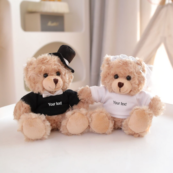6" Stuffed Plush Bride Groom Bear Personalized Text on Shirt for Wedding