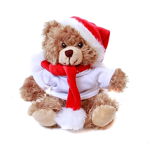 6-inch Christmas mocha bear plush toy Sitting with custom white tee, soft and cuddly by Plushland