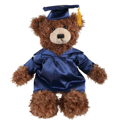 Chocolate Brandon Teddy Bear in Graduation Cap & Gown navy blue