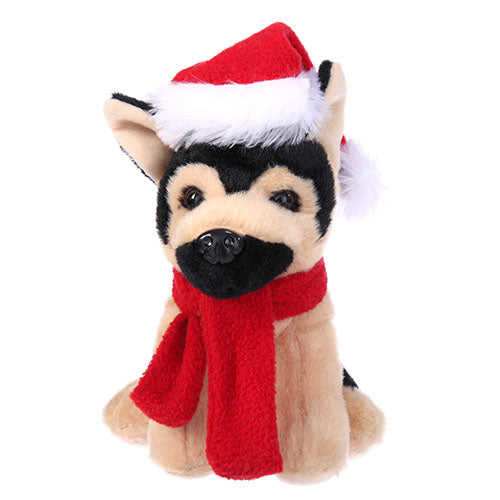 Soft Plush German Shepherd with Christmas Hat and Scarf