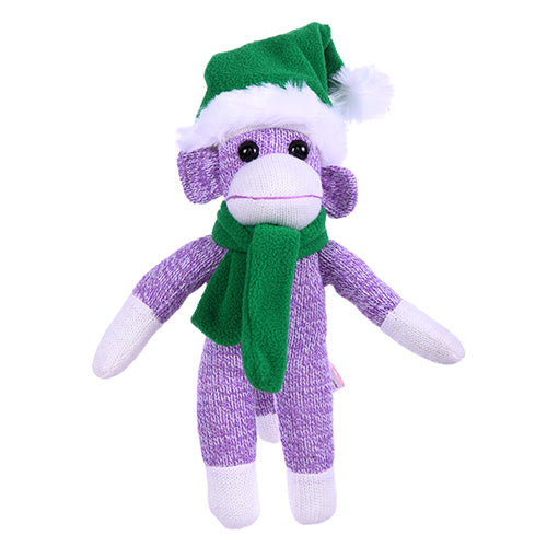 16" Standing Purple Sock Monkey with Green Hat and Scarf, Featuring Soft Fabric and a Festive Design by Plushland.