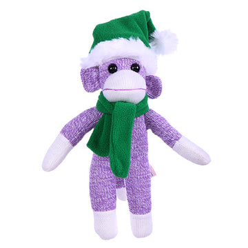 16" Standing Purple Sock Monkey with Green Hat and Scarf, Featuring Soft Fabric and a Festive Design by Plushland.