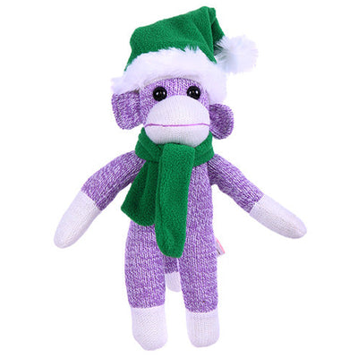 16" Standing Purple Sock Monkey with Green Hat and Scarf, Featuring Soft Fabric and a Festive Design by Plushland.
