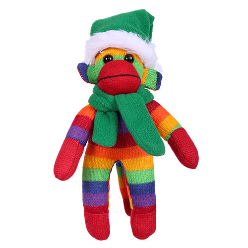 Rainbow Sock Monkey (Plush) with Christmas Hat and Scarf