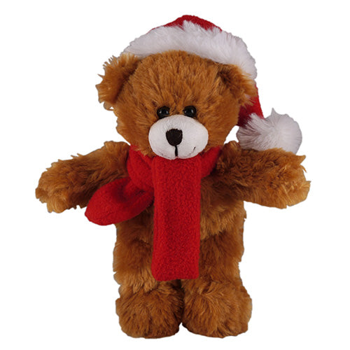 Soft Plush Stuffed Mocha Teddy Bear with Christmas Hat and Scarf