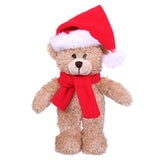 Soft Plush Stuffed Tan Teddy Bear with Christmas Hat and Scarf