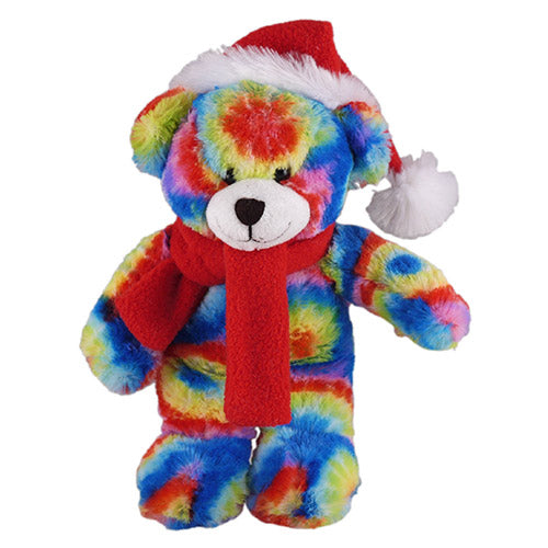 Soft Plush Stuffed Tie Dye Teddy Bear with Christmas Hat and Scarf