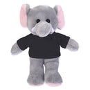 A soft plush elephant with a blue tee shirt.