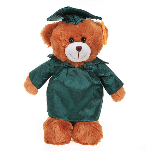 Soft Plush Mocha Teddy Bear in Graduation Cap & Gown forest green