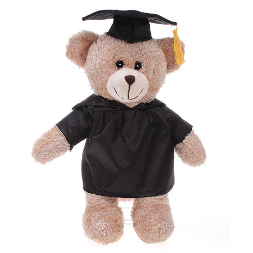 Soft Plush Tan Teddy Bear with Graduation Cap and Gown black