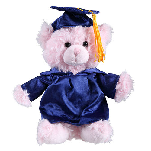 Soft Plush Pink Sitting Teddy Bear in Graduation Cap royal blue