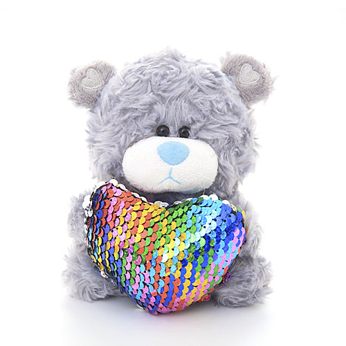 6" Sitting Grey Bear with Rainbow Heart, Featuring Soft Fur and a Colorful Heart Design by Plushland.