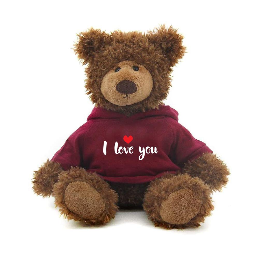 10" Sitting Frankie Bears with Maroon Love Hoodie, Featuring Soft Fur and a Cozy Hoodie by Plushland.