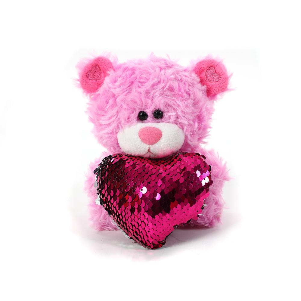 6" Sitting Pink Bear with Sequin Pink Heart, Holding a Pink Heart, Soft Fur, and Sparkling Heart by Plushland.