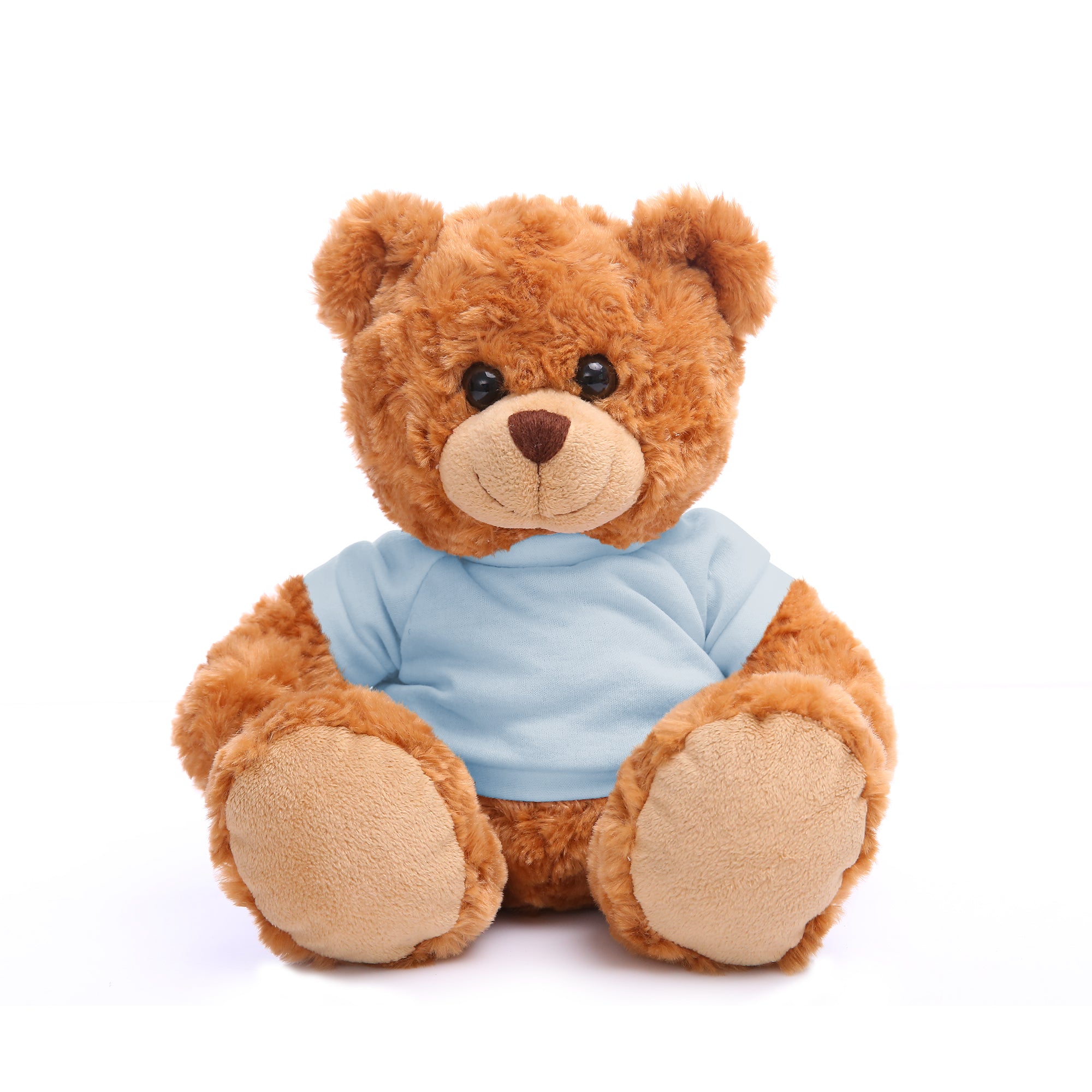 11" Sitting Mocha Personalized Teddy Bear, Baby Blue T-Shirt, and Custom Design by Plushland.