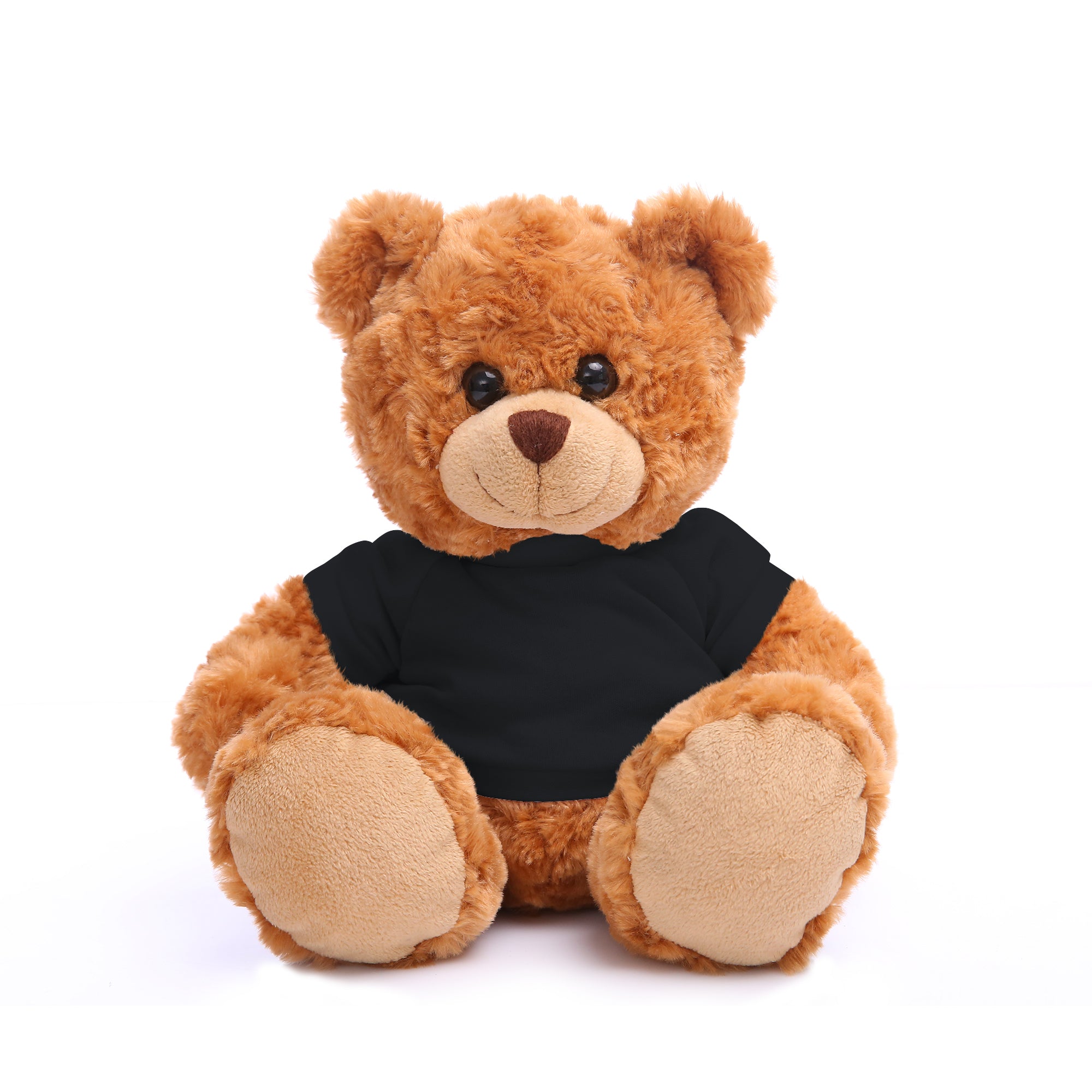 11" Sitting Mocha Personalized Teddy Bear, Black T-Shirt, and Custom Design by Plushland.