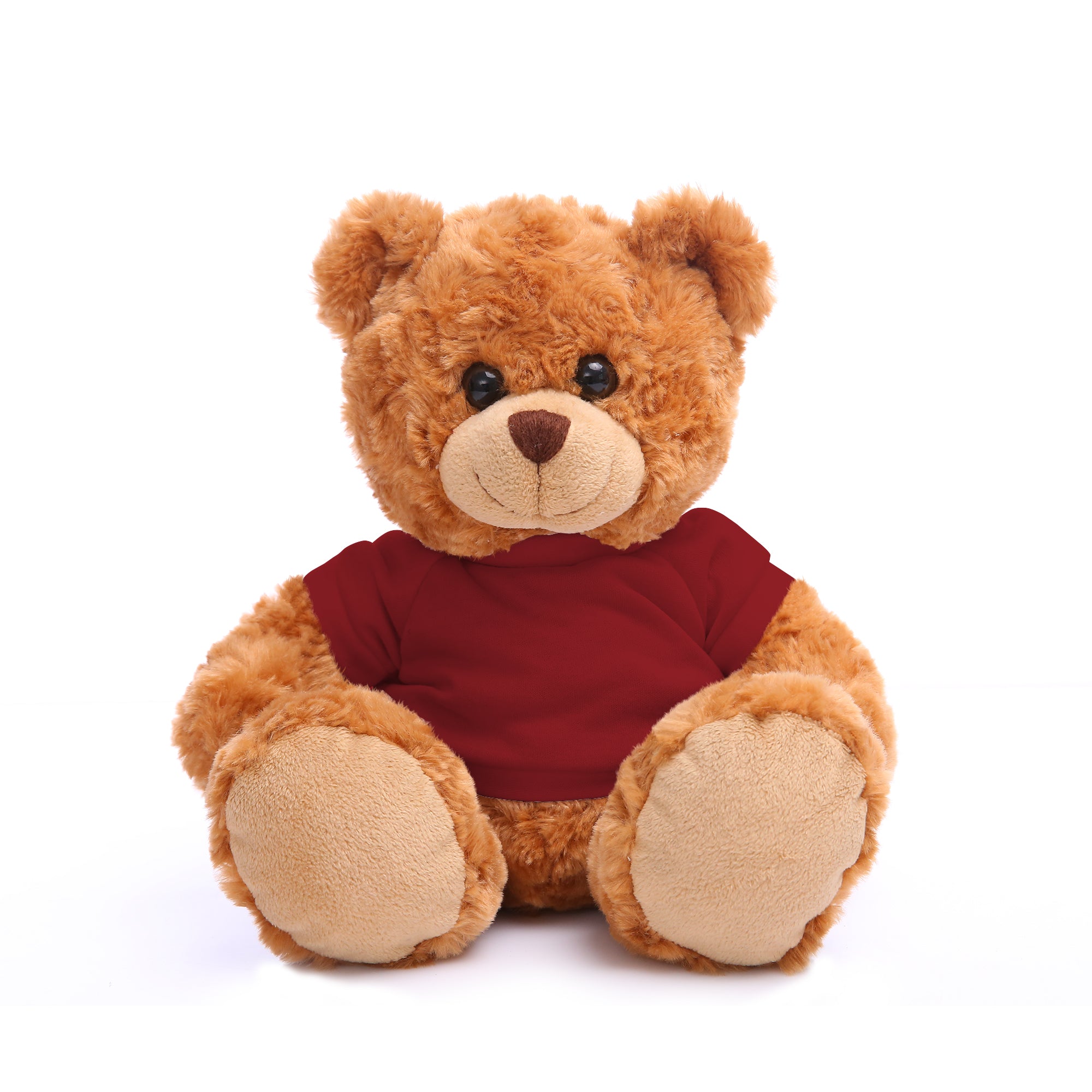 11" Sitting Mocha Personalized Teddy Bear, Maroon T-Shirt, and Custom Design by Plushland.
