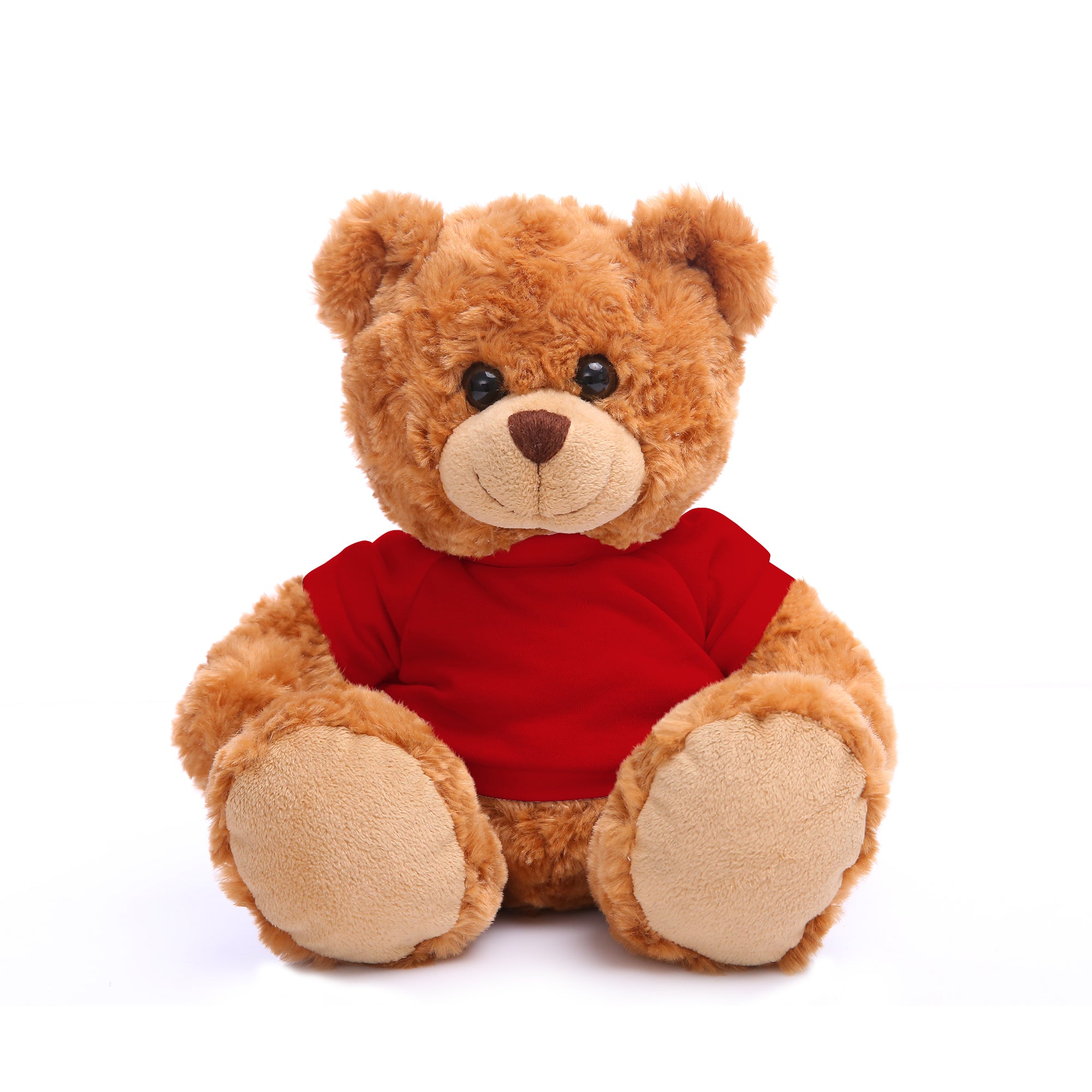 11" Sitting Mocha Personalized Teddy Bear, Red T-Shirt, and Custom Design by Plushland.