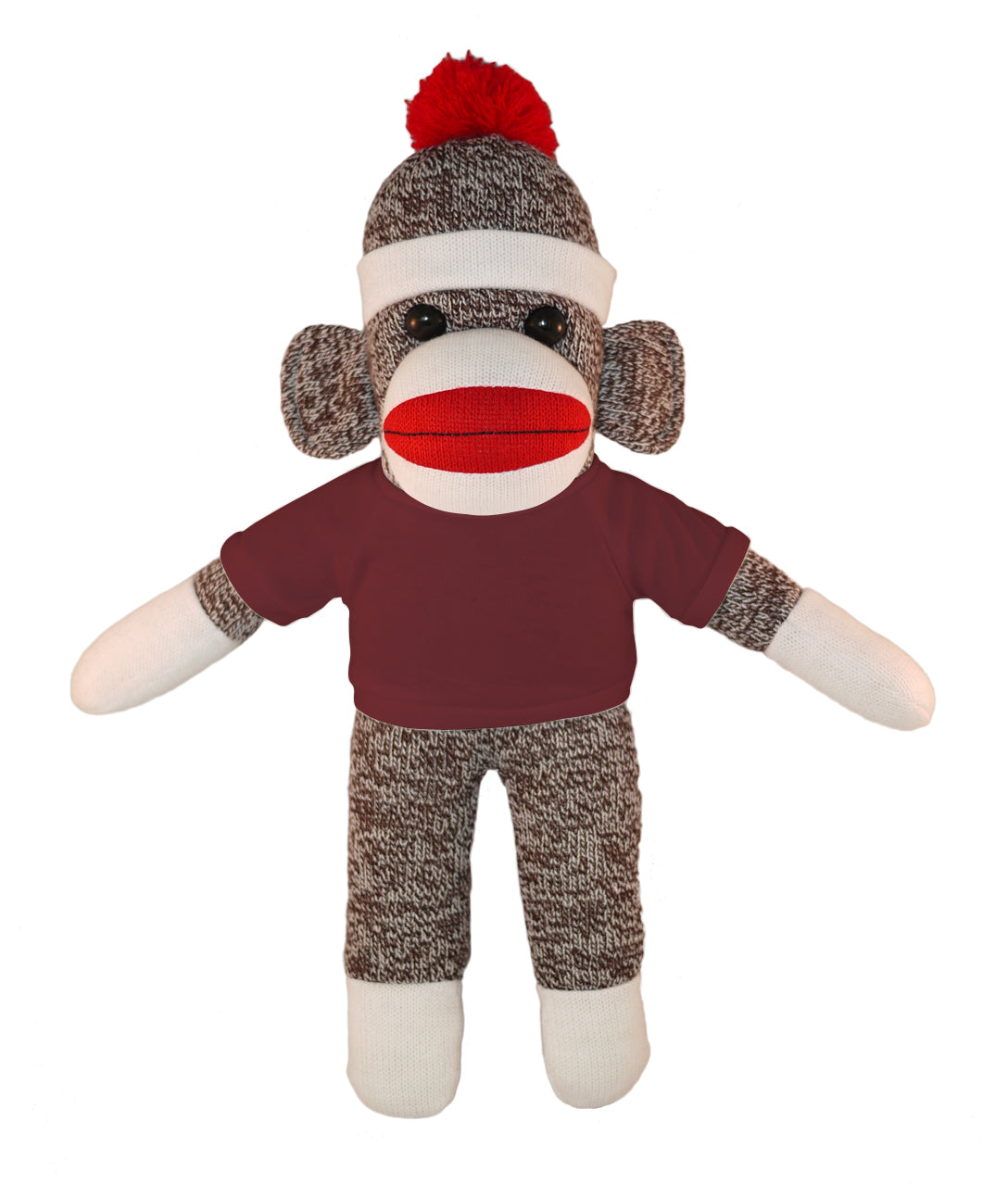 10'' Floppy Maroon Sock Monkey with custom text tee, soft and cuddly