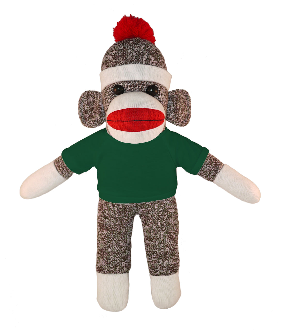 10'' Floppy Forest Green Sock Monkey with custom text tee, soft and cuddly