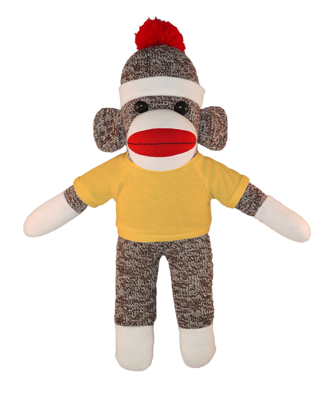 10'' Floppy Yellow Sock Monkey with custom text tee, soft and cuddly