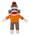 10'' Floppy Orange Sock Monkey with custom text tee, soft and cuddly