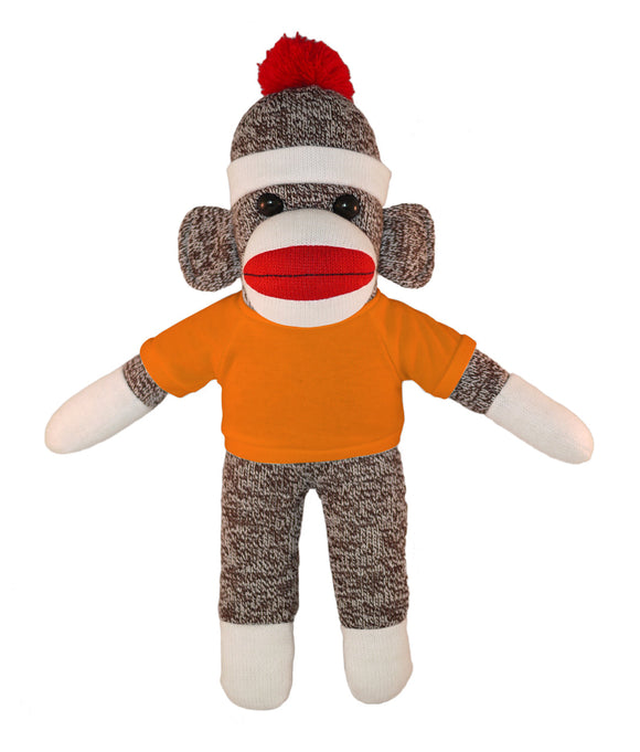 10'' Floppy Orange Sock Monkey with custom text tee, soft and cuddly