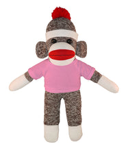 10'' Floppy Pink Sock Monkey with custom text tee, soft and cuddly